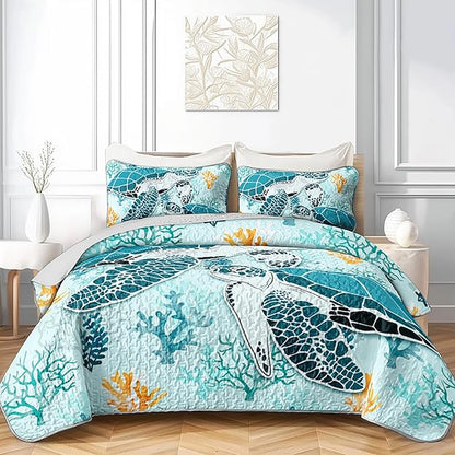 HOSIMA Sea Turtle King Size Quilt,Sea Turtle Print Lightweight Quilt,Different Corals Pattern Coastal Bedding for Teenage Girl Room Decor,Ocean Themed Bedding for Boys with 2 Pillowcases.