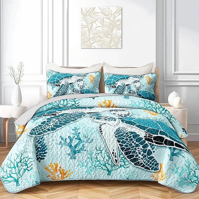 HOSIMA Sea Turtle Full Quilt Set,Sea Turtle Print Lightweight Quilt,Different Corals Pattern Coastal Bedding for Teenage Girl Room Decor,Ocean Themed Bedding for Boys with 2 Pillowcases.