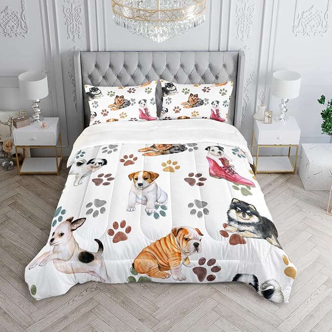 Kawaii Cartoon All Kinds of Dogs Animal Themed Comforter 3Pcs Full Colorful Paw Printed Bedding Set for Kids Teens Girls Boys Bed Decor Cute Puppy Quilt with 1 Comforter and 2 Pillowcases