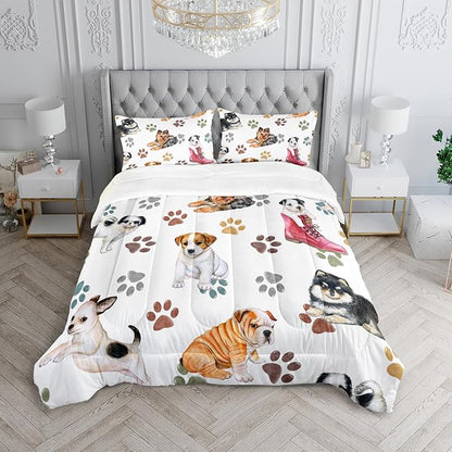Kawaii Cartoon All Kinds of Dogs Animal Themed Comforter 3Pcs Full Colorful Paw Printed Bedding Set for Kids Teens Girls Boys Bed Decor Cute Puppy Quilt with 1 Comforter and 2 Pillowcases