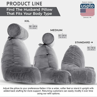 Husband Pillow XXL - Reading Pillow Bed Chair with Arms & Back Support - Dark Grey - Back Pillow for Sitting Up - Bed Rest Arm Pillow - Comfy Reading Pillow for Adults