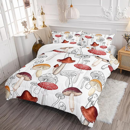 Mushroom Bedding Set for Girls Boys Full Size, Botancial Fungus Comforter, Cute Mushroom Plants Quilt with 2 Pillowcases for Room Decor