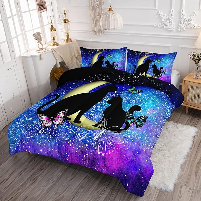 Black Cat Bedding Cartoon Cat Comforter Set Queen,Butterflies Moon Printed Kids Bedding Set for Kids Boys Girls Adults Teens,Kids Comforter Set All Season,1 Quilt 2 Pillow Cases,Blue