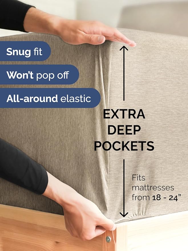 Extra Deep Split King Sheet Set - 7 Piece Breathable & Cooling Sheets - Hotel Luxury Bed Sheets Set - Easy Fit - Soft, Wrinkle Free & Comfy Sheets Set - Heathered Beige Sheet Set w/Extra Deep Pockets