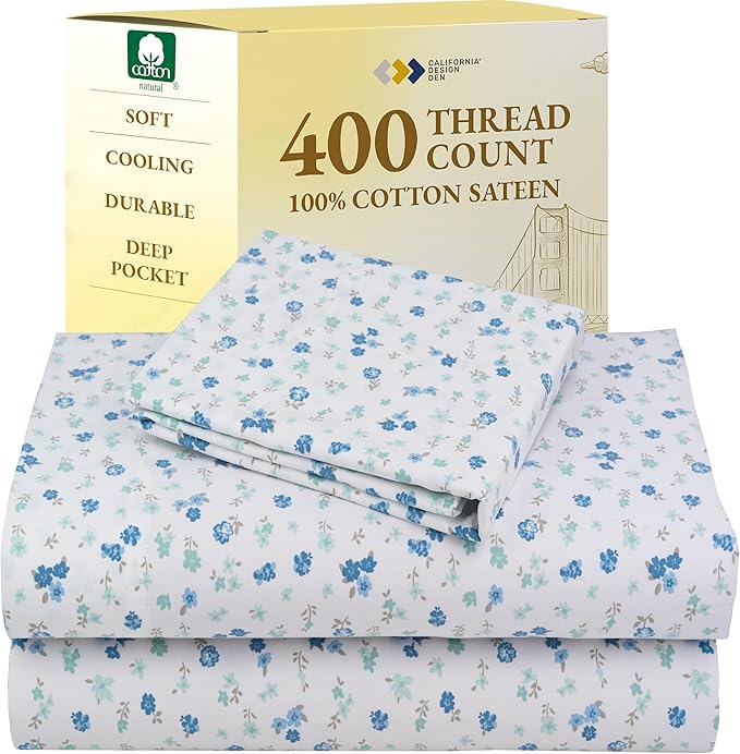 California Design Den Deep Pocket Twin Sheets Set - 400 Thread Count Sateen, Natural 100% Cotton Sheets, and Durable Bedding Set - Blooming Meadows