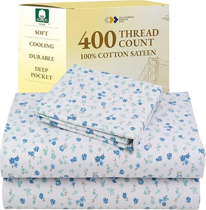 California Design Den Printed Twin XL Sheet Sets - 400 Thread Count Sateen, Natural 100% Cotton Sheets, Deep Pockets, and Durable Bedding Set - Blooming Meadows