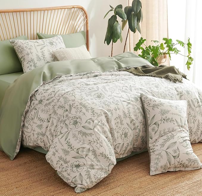 Floral Duvet Cover Full Size Sage Green Botanical Duvet Cover Set 3 Pcs for Kids Boys Girls Spring Garden Aesthetic Leaves Soft Breathable Bedding Set with 2 Pillowcases