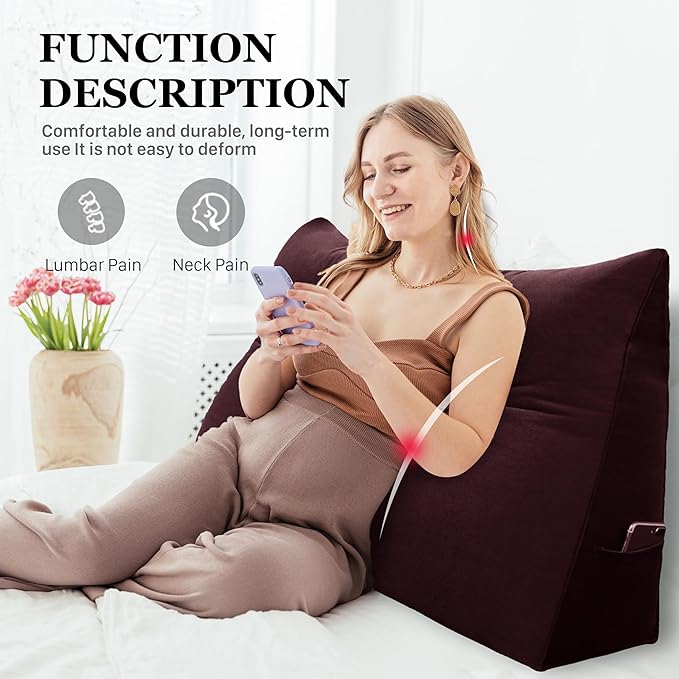 14 lbs Thickened King Headboard Pillow for Sitting Up in Bed, Back Support Reading Pillow with Side Pocket and Velvet Removable Cover, Triangular Large Wedge Headboard Pillow