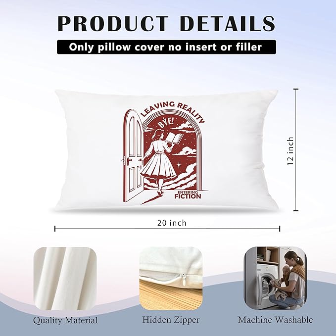 Funny Retro Woman Reader Pillow Covers 12x20, Reading Nook Corner Decor, Vintage Female Bookworm Bookish Decorative Lumbar Pillow Covers for Home Bedroom Library Reading Room