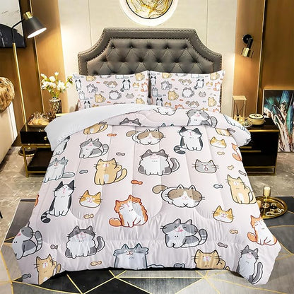 Kids Cute Cat Comforter Set Queen Size 3Pcs Cartoon Pet Cat Fishing Bedding Set Lovely Animal Quilt Bed Set for Children Girls Boys Room Decor