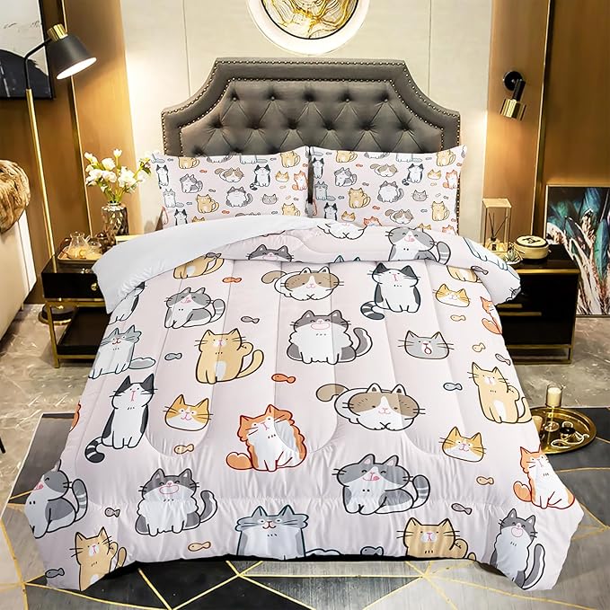 Kids Cute Cat Comforter Set Full Size 3Pcs Cartoon Pet Cat Fishing Bedding Set Lovely Animal Quilt Bed Set for Children Girls Boys Room Decor
