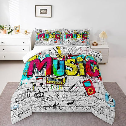Castle Fairy Rock Music Comforter Set Hippie Graffiti Bedding Set for Kids Girls Women Adults Street Art Comforter Rock Instrument Quilted Duvet Set Bedroom Collection Twin Pink 2Pcs