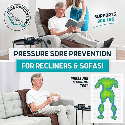 Lunderg Alternating Air Pressure Pad for Recliner Chair - Pressure Relief Cushion Topper for Recliner - Bed Sore Prevention - Medical Grade Mattress Pad, Cover & Quiet Pump - Home or Hospital (Coffee)