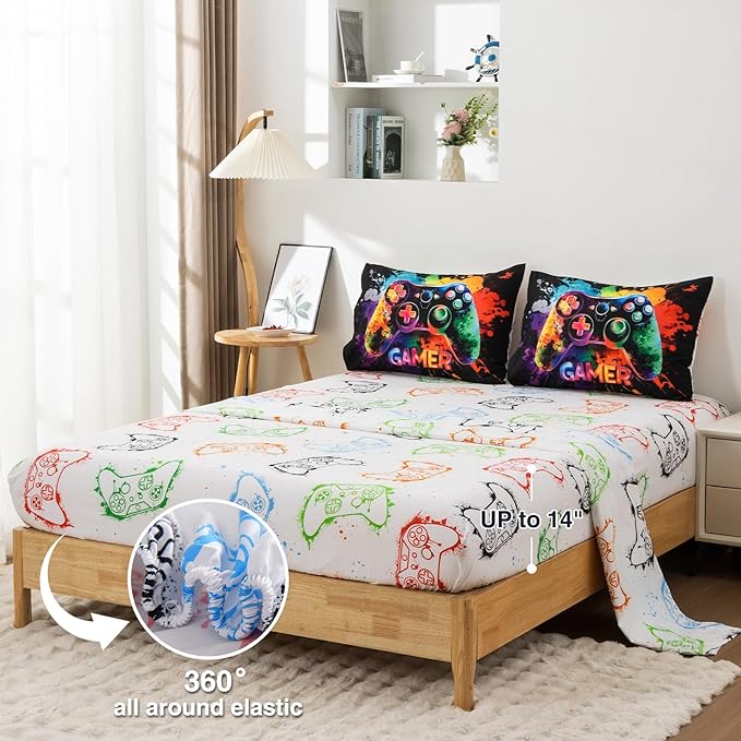 NTBED Game Console Comforter Set for Boys Girls Kids Tie Dye Gaming Lightweight Microfiber Gamer Bedding Sets (Multi, Twin 5Pcs)