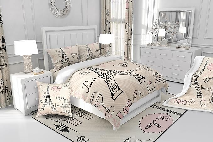 Feelyou Eiffel Tower Comforter Set Paris Tower Comforter for Girls Romantic Rose Chic Paris Theme Bedding Set Paris Cityscape Printed Heart Love Duvet Set Room Decor Quilt Set Full