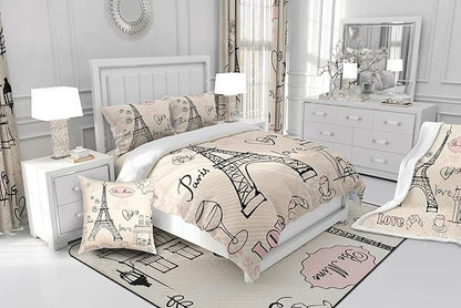 Feelyou Eiffel Tower Comforter Set King Paris Tower Comforter for Girls Romantic Rose Chic Paris Theme Bedding Set Paris Cityscape Printed Heart Love Duvet Set Room Decor Twin with 1 Pillow Case