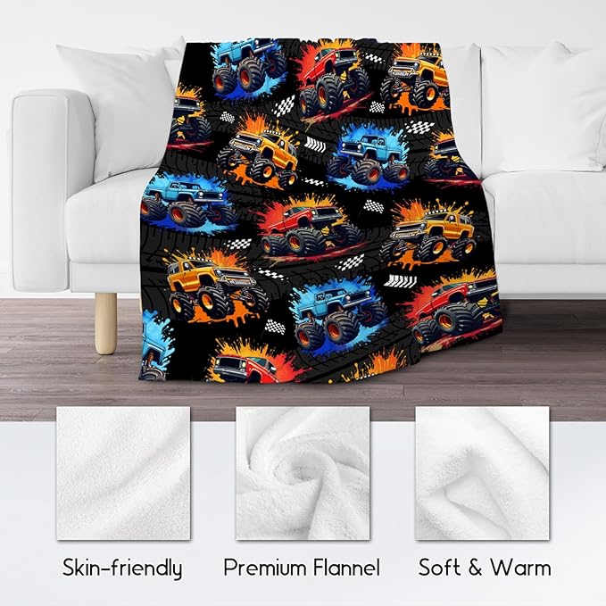Boys Blanket - Truck Blankets for Kids Adults - Plush Cozy Flannel Large Throws - Car-Themed Decor for Couch Bedroom (60"x80")