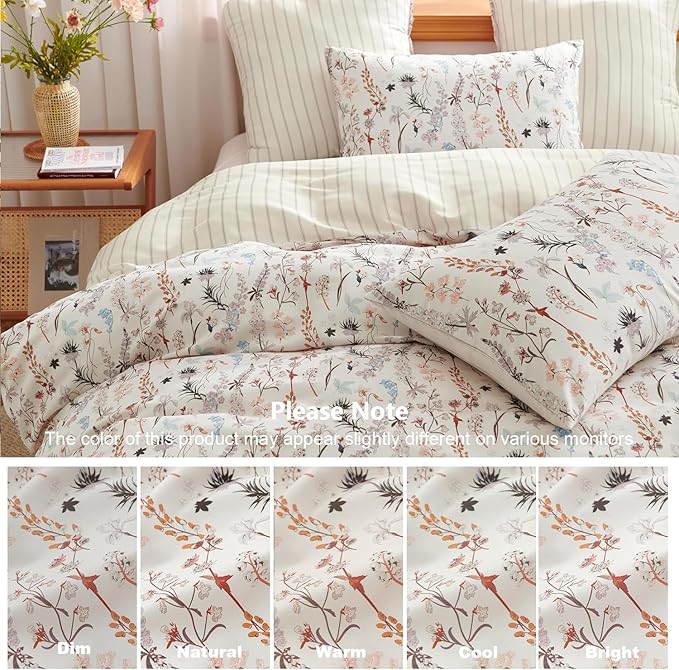 Floral Duvet Cover Queen 3 Pieces Aesthetic Reversible Striped Bedding Set Farmhouse Botanical Flowers Design Soft Washed Microfibre,1 Beige Duvet Cover with 2 Pillowcases