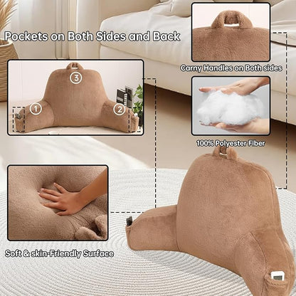 Reading Pillow for Sitting in Bed, Large Backrest Reading Pillow with Arm Rest,Back-Rest Support Cushion for Sit Up on Couch, Sofa, and Floor, Dorm Essentials (Khaki Faux Fur, Standard(17"))