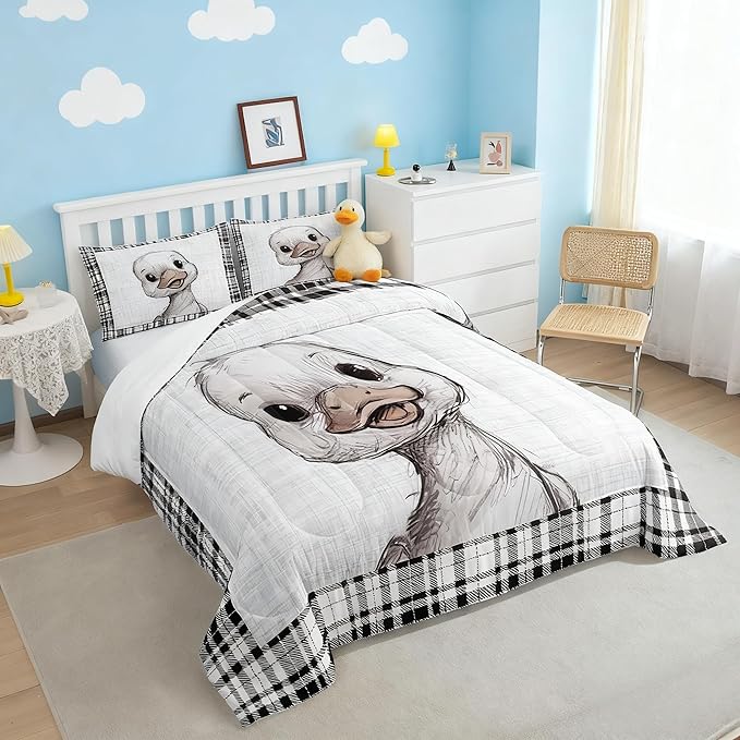 Castle Fairy Cute Duck Pattern Full Size Comforter Set,Black White Grid Stripes Bedding Set for Adults Teens,Children Lovely Animal Comforter Luxury Farmhouse Quilt Set Room Decor 3Pcs