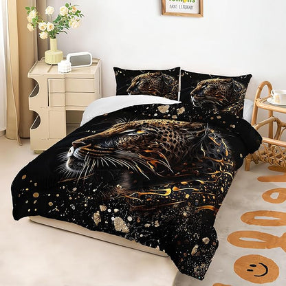 Wild Tiger Comforter Set Queen Size, 3D Black Cheetah Lover Bedding Set for Mens Adults and Teens, 3 Pieces Wild Animal Comforter Set for Room Decor, 1 Quilt and 2 Pillow Shams