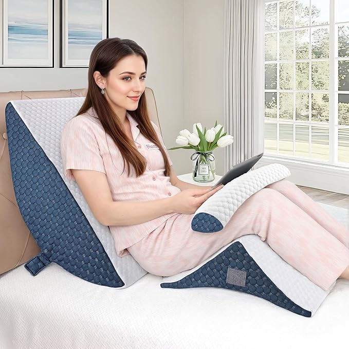Bed Wedge Pillow for Sleeping, 3PCS Wedge Pillow Set for After Surgery, Adjustable 7 &12 inch Pillow Wedges for Acid Reflux Relief, Back Pain Relief, Sleep Apnea, Sitting Up, Headboard (Blue/White)