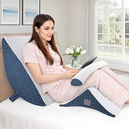 Bed Wedge Pillow for Sleeping, 3PCS Wedge Pillow Set for After Surgery, Adjustable 7 &12 inch Pillow Wedges for Acid Reflux Relief, Back Pain Relief, Sleep Apnea, Sitting Up, Headboard (Blue/White)