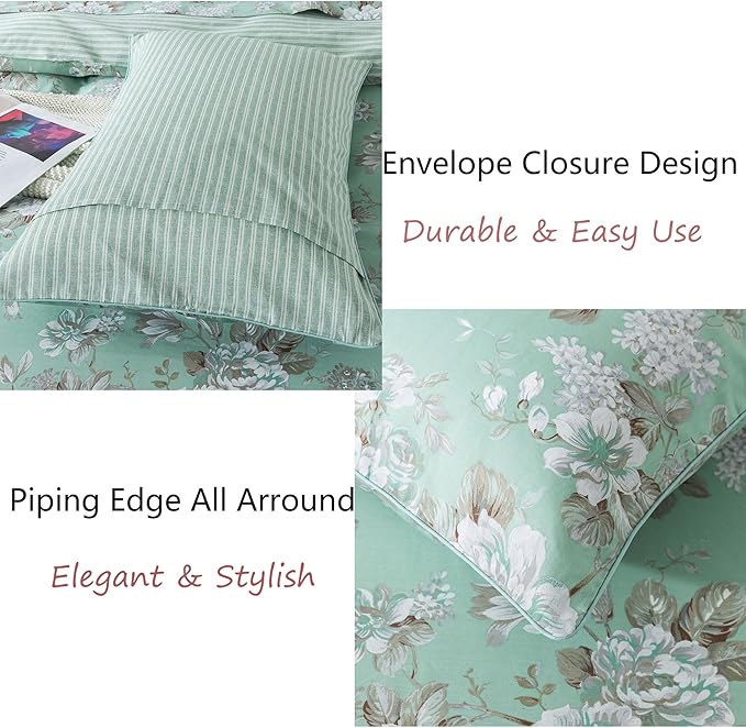 FADFAY Duvet Cover Set Twin Green Toile Floral Bedding Shabby Peony Flower Quilt Cover Set Vintage Farmhouse Bedding 100% Cotton Soft Comforter Cover Set with Hidden Zipper Closure 3Pcs, Twin Size