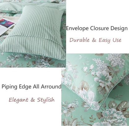 FADFAY Duvet Cover Set Twin Green Toile Floral Bedding Shabby Peony Flower Quilt Cover Set Vintage Farmhouse Bedding 100% Cotton Soft Comforter Cover Set with Hidden Zipper Closure 3Pcs, Twin Size