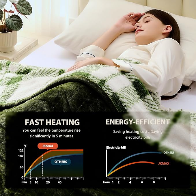 Heated Electric Blanket Queen Size - 84"x90" Flannel Heating Blanket with 10 Heating Levels & 5 Time Settings Over-Heat Protection, Winter Warmer for Adults with ETL Certification（Green）