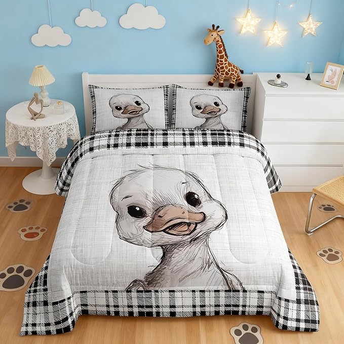 Castle Fairy Cute Duck Pattern Full Size Comforter Set,Black White Grid Stripes Bedding Set for Adults Teens,Children Lovely Animal Comforter Luxury Farmhouse Quilt Set Room Decor 3Pcs