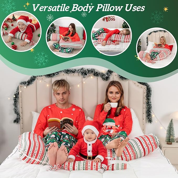 Long Body Pillow with Mini Candy Pillow - Full Size Hugging & Cuddle Bolster, Removable Red Christmas Print Cover, Adjustable Firmness, Machine Washable- for Adults, Kids, Pregnancy Support