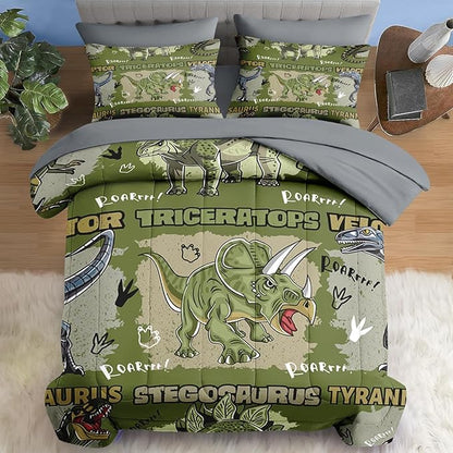Comforter Set Full Size, Cool Cartoon Dinosaur 7 Pcs Bedding for Kids and Adults, Jungle Wildlife Animal Bed Sheet Sets with Fitted Sheet 2 Pillowcases & 2 Shams for Bedroom Bed Decor