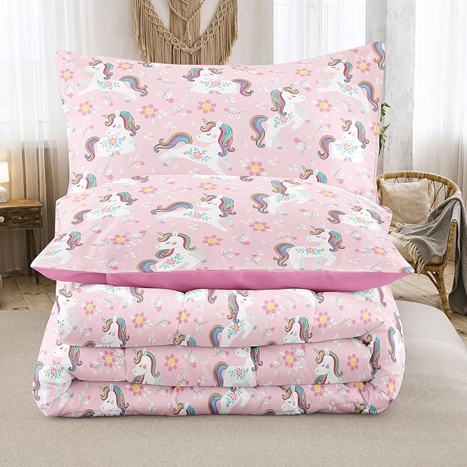 Peopleareok Girls Unicorn Comforter Set Full(79x90 Inch), 3 Piece Cute Pink Purple Unicorn Print Comforter with 2 Pillowcases, Kids Cartoon Kawaii Comforter for Girls Bedroom Decor All Season