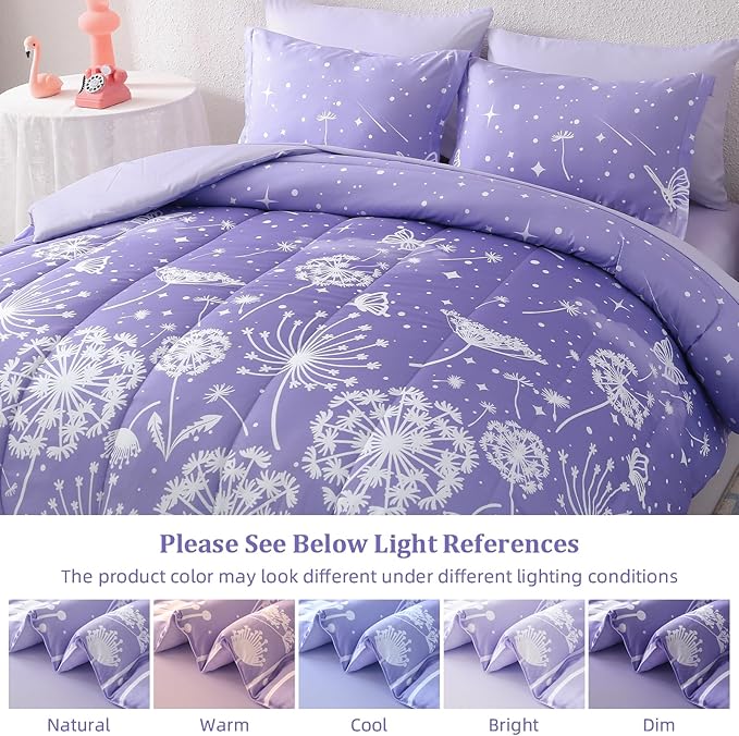 Menghomeus Girls Comforter Set Full Size 7 Pieces Bed in A Bag Ombre Purple Bedding Set Dandelion Butterfly Print Kids Bedding Collections