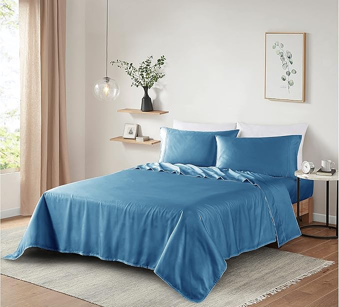 100% Supima Cotton Sheets 600 Thread Count,Bed Sheet Set King Sheets 4 Pieces, Soft & Silky Sateen Weave, Fits Mattress Up to 18'',Deep Pocket, Breathable & Fade Resistant (Peacock Blue, King)