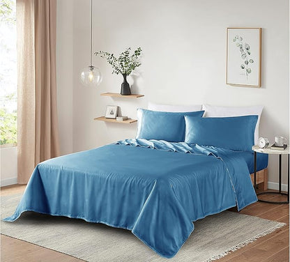 100% Supima Cotton Sheets 600 Thread Count,Bed Sheet Set King Sheets 4 Pieces, Soft & Silky Sateen Weave, Fits Mattress Up to 18'',Deep Pocket, Breathable & Fade Resistant (Peacock Blue, King)