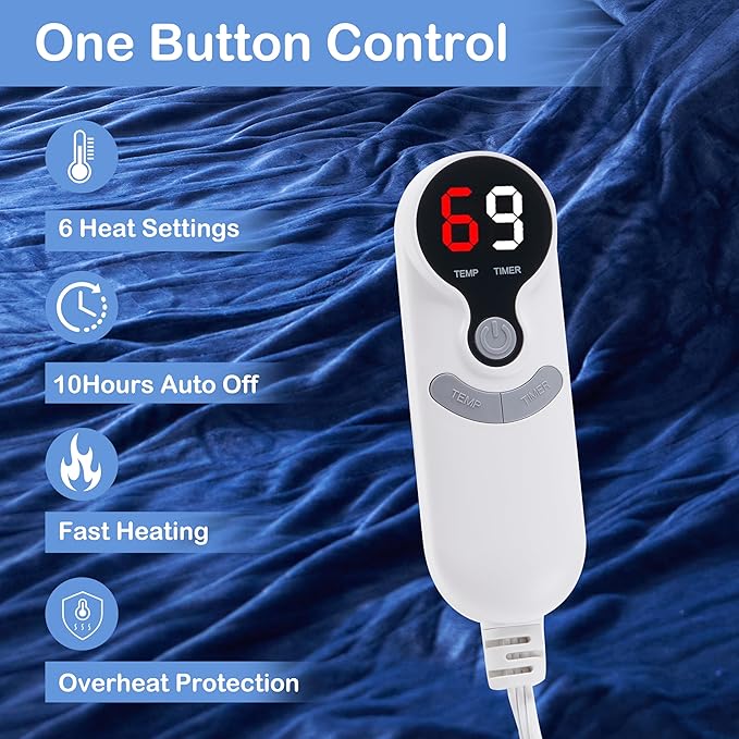 Electric Heated Blanket Twin Size 62”x84”,Cozy Soft Warmth with 6 Heating Settings 1-10 Hours Auto-Off, Energy-Saving, for Bed, Fast Heating Machine Washable, Navy Blue