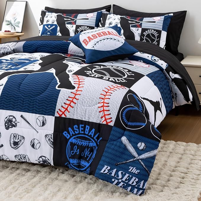 A Nice Night Sports Geometric Grid Black Patchwork Baseball Printed for Boys Full 6Pcs Bed in A Bag Comforter Bedding Set,Blue