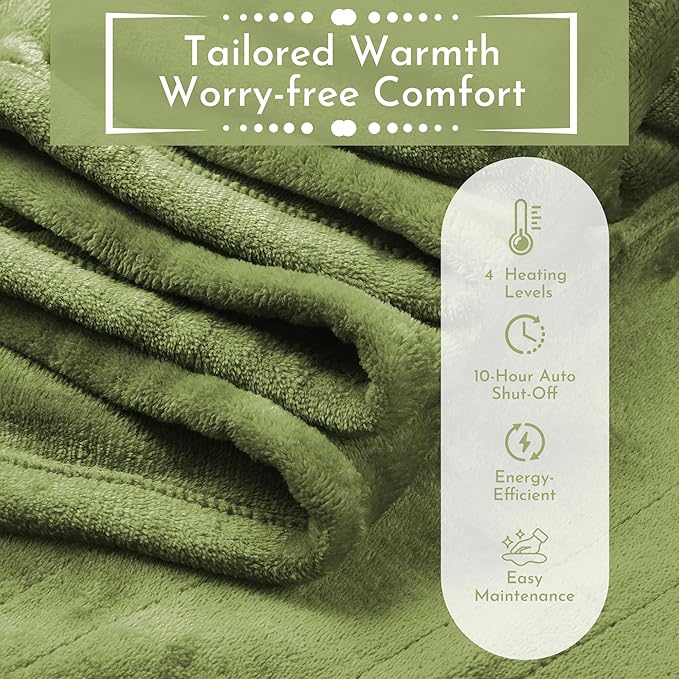 Electric Heated Blanket 84"x90" Queen Size Microplush Cover Blanket, 4 Heat Settings & 10 Hours Auto Off, Cozy & Warm for All Night, Machine Washable, Green