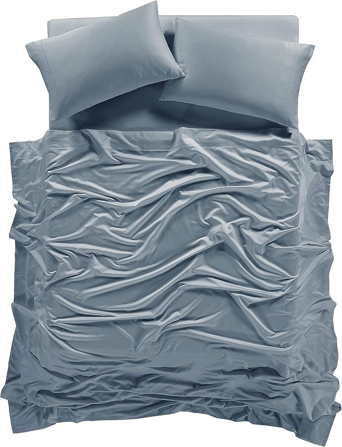 100% Supima Cotton Sheets 600 Thread Count,Bed Sheet Set King Size Sheets 4 Pieces,Soft & Silky Sateen Weave, Fits Mattress Up to 18",Deep Pocket, Breathable & Fade Resistant(Blue Grey,King)