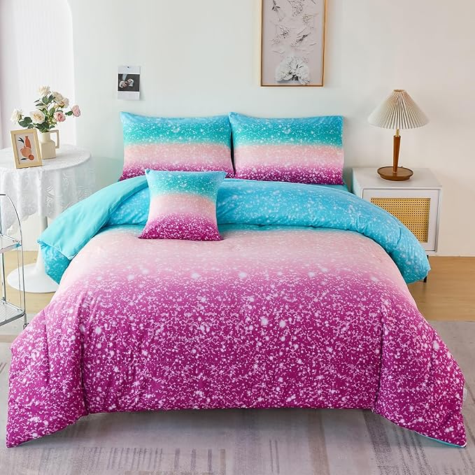 URBONUR 6Pcs Queen Comforter Set for Girls Multicolor Gradient Glitter Tie Dye Pink Blue Bedding Set with Sheets, Soft Fluffy All Season Kids Teen Bed in A Bag