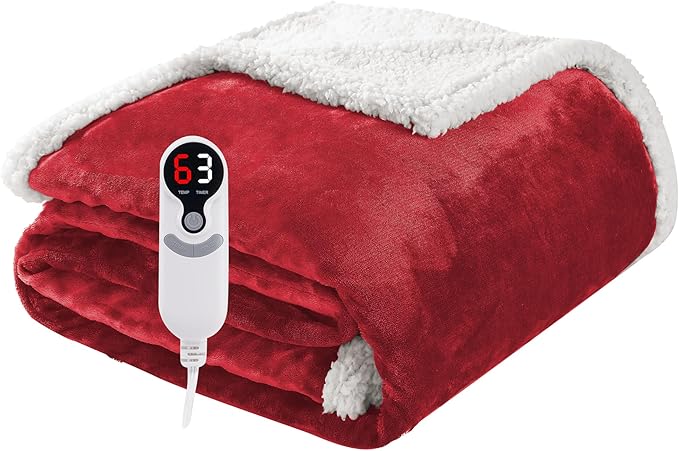 Electric Heated Blanket Throw Size 50"x60", Soft Flannel with Overheat Protection, 6 Adjustable Heat Settings & 3-Hour Auto-Off Timer, Fast Heating for Winter Comfort, Red