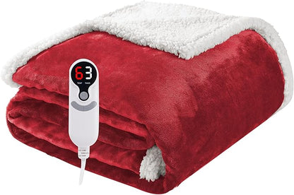 Electric Heated Blanket Throw Size 50"x60", Soft Flannel with Overheat Protection, 6 Adjustable Heat Settings & 3-Hour Auto-Off Timer, Fast Heating for Winter Comfort, Red