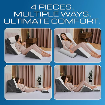 Kolbs 4pcs Orthopedic Bed Wedge Pillow Set for After Surgery, Sleep Apnea Pillow | Stylish Plush Velvet Cover | Deluxe Cushion Set for Sleeping and Acid Reflux, Sleep Apnea Devices (4 Piece Wedge Set)