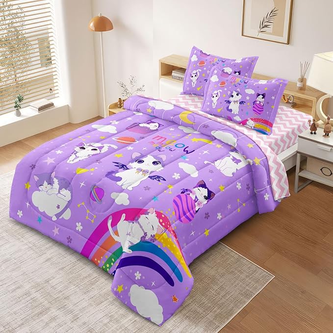 Kids Bedding 5-Piece Cat Comforter Sets Twin Size, Purple Bedding Set for Teens Kids Girls Bed in a Bag Cute Room Decor