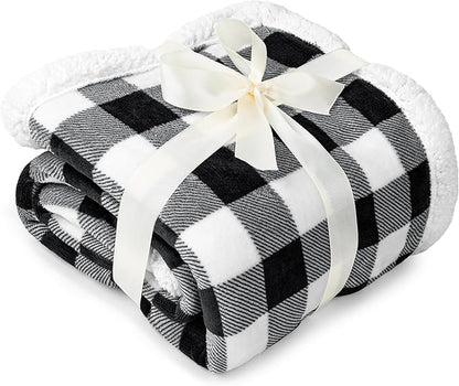 Pavilia Black White Buffalo Plaid Sherpa Bed Blanket Queen, Plush Checkered Fleece, Soft Fuzzy Flannel Large for Couch Sofa, Warm Heavy Thick Winter Gift, 90x90