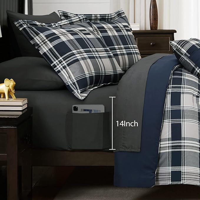 MaiRêve Queen Size Comforter Set Navy Blue, Classic Plaid Farmhouse 7 Pieces Bedding Set, All Season Lightweight Bed in a Bag with Sheets, Pillowcases & Shams