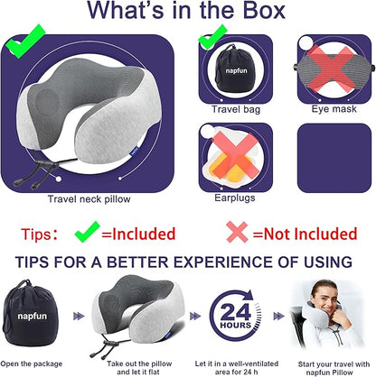 napfun Neck Pillow for Traveling, Upgraded Travel Neck Pillow for Airplane 100% Pure Memory Foam Travel Pillow for Flight Headrest Sleep, Portable Plane Accessories, Light Grey