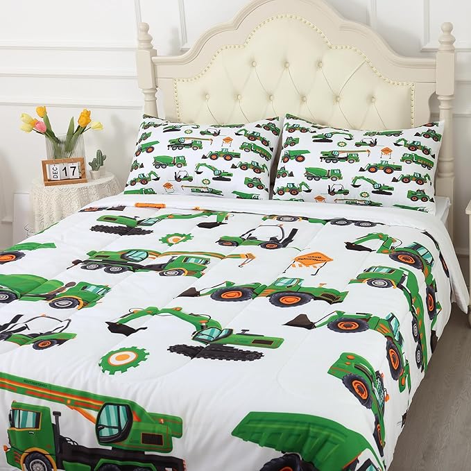 Comforter Set Green Tractor: Full Size Cartoon Excavator Truck Car Bedding Sets for Boys Kids Teens Toddler Construction Vehicles Quilt Bed Set with 1 Comforter & 2 Pillowcases